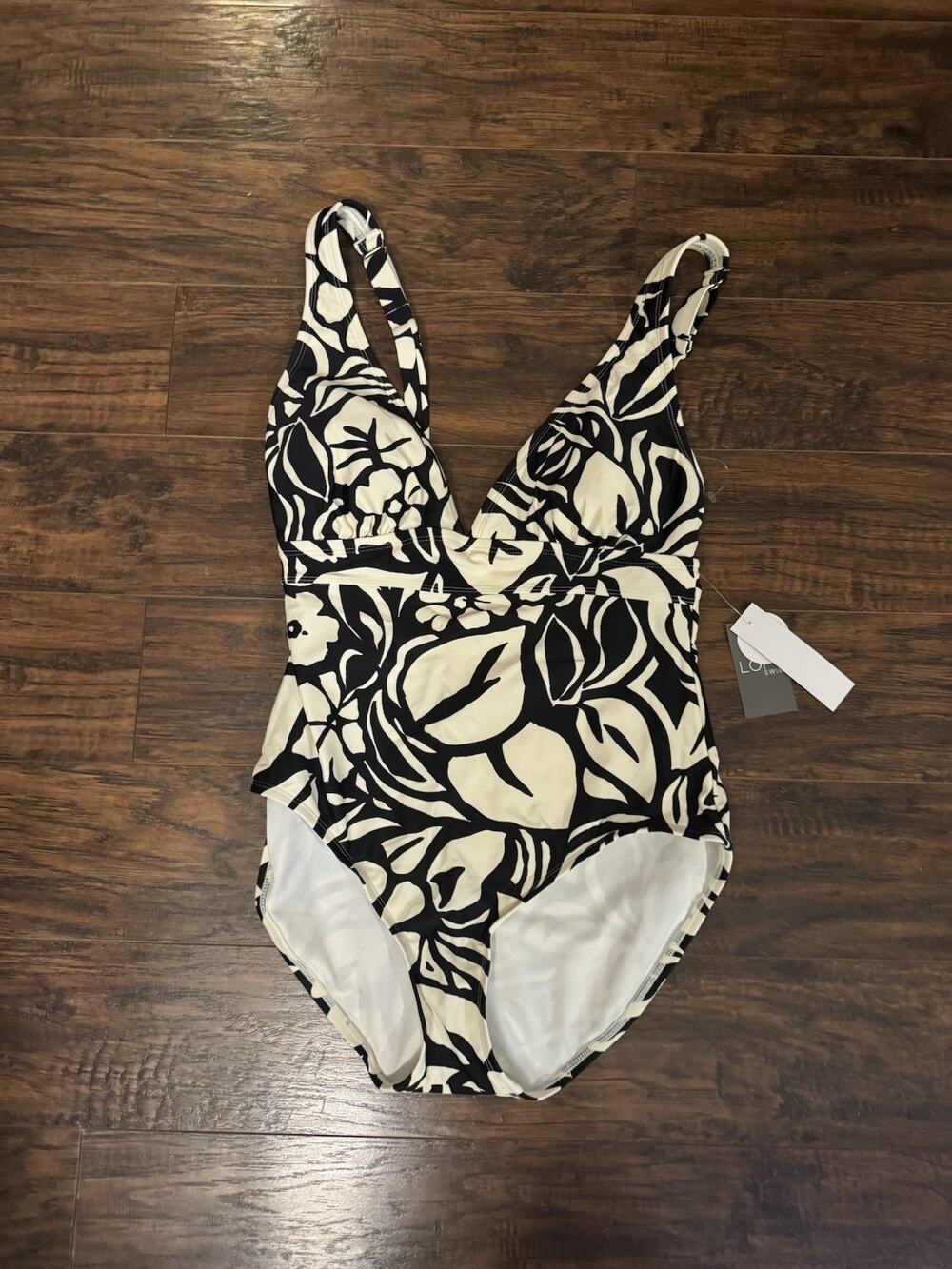 LOFT One Piece Swimsuit Beach Plunge Halter in Black White Floral Size Medium